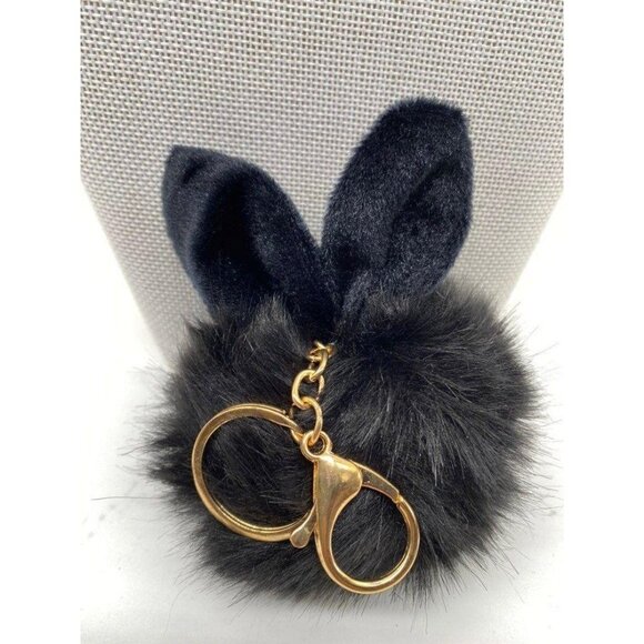Black Bunny Ears Fur Ball Keychain Charm With Plush Key‎ Holder - Picture 3 of 6